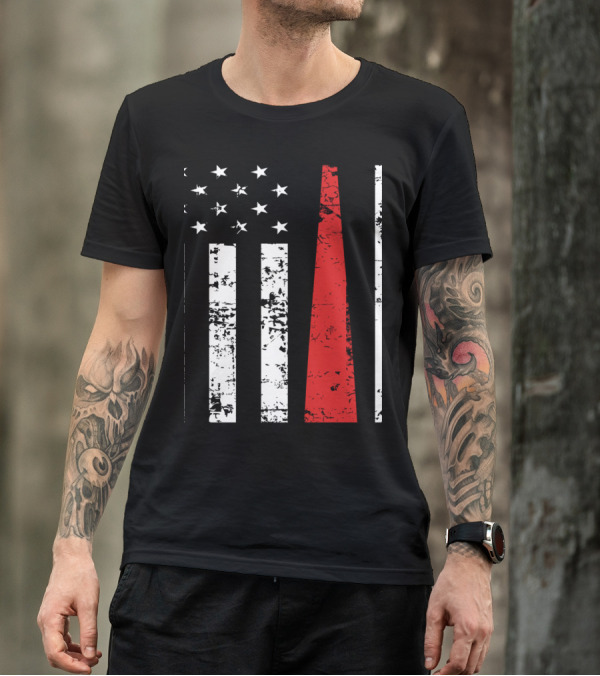 Distressed USA Flag Vertical Stripes Black And White With Red Baseball Fan T-Shirt