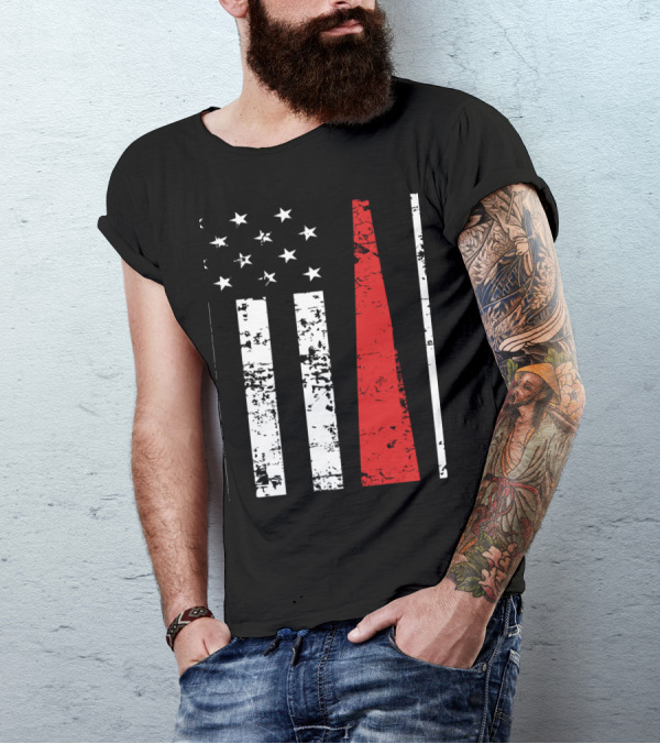 Distressed USA Flag Vertical Stripes Black And White With Red Baseball Fan T-Shirt