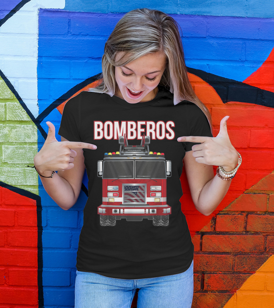 Bomberos American Fire Rescue Truck With Flag T-Shirt