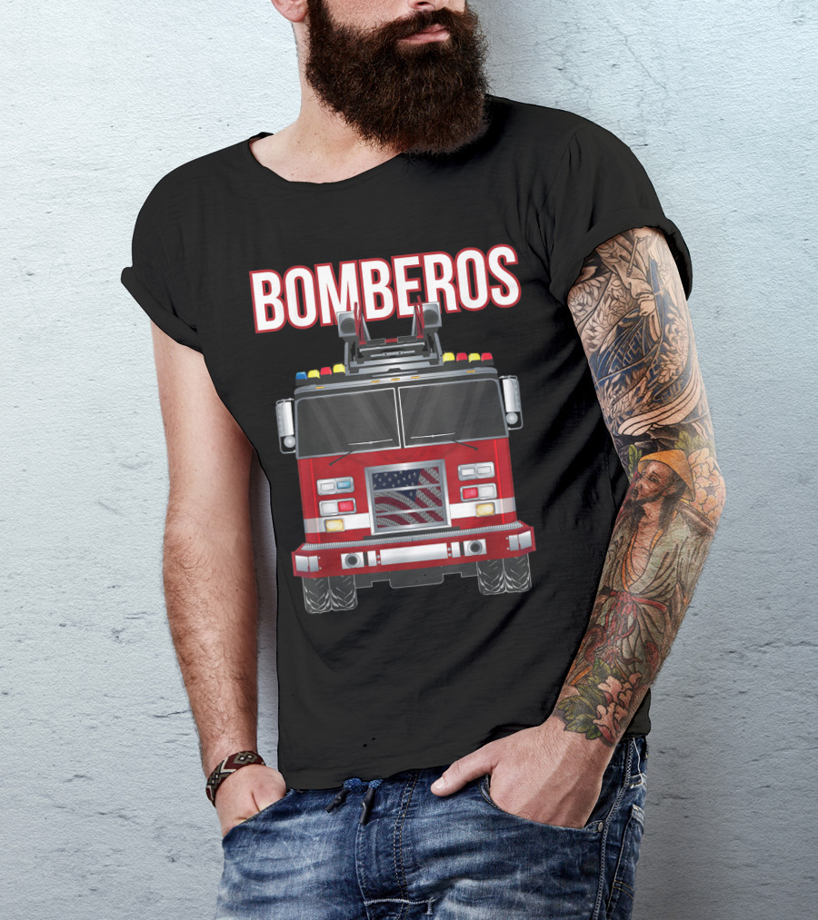 Bomberos American Fire Rescue Truck With Flag T-Shirt