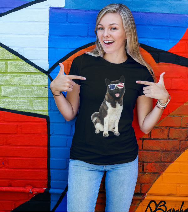 American Akita With Patriotic Flag Sunglasses T-Shirt