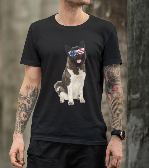 American Akita With Patriotic Flag Sunglasses T-Shirt