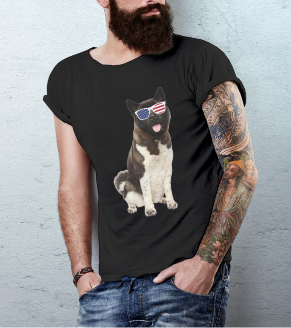 American Akita With Patriotic Flag Sunglasses T-Shirt