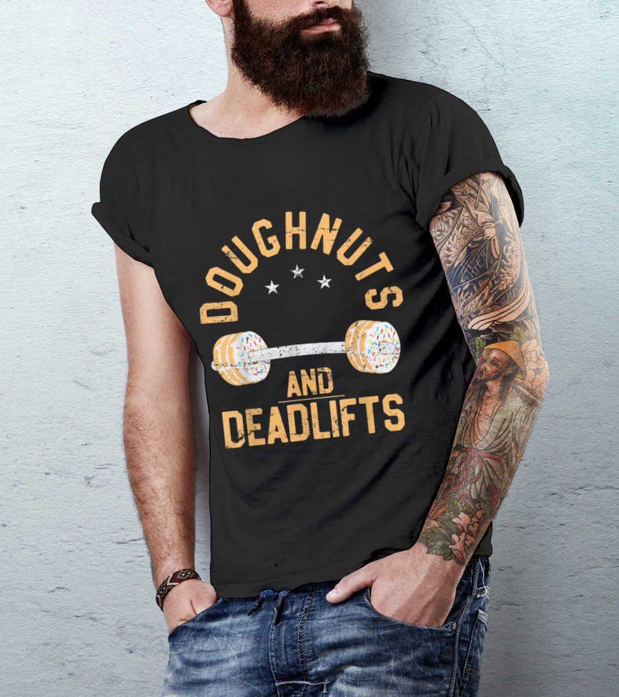 Doughnuts And Deadlifts Funny Workout Doughnut Barbell T-Shirt