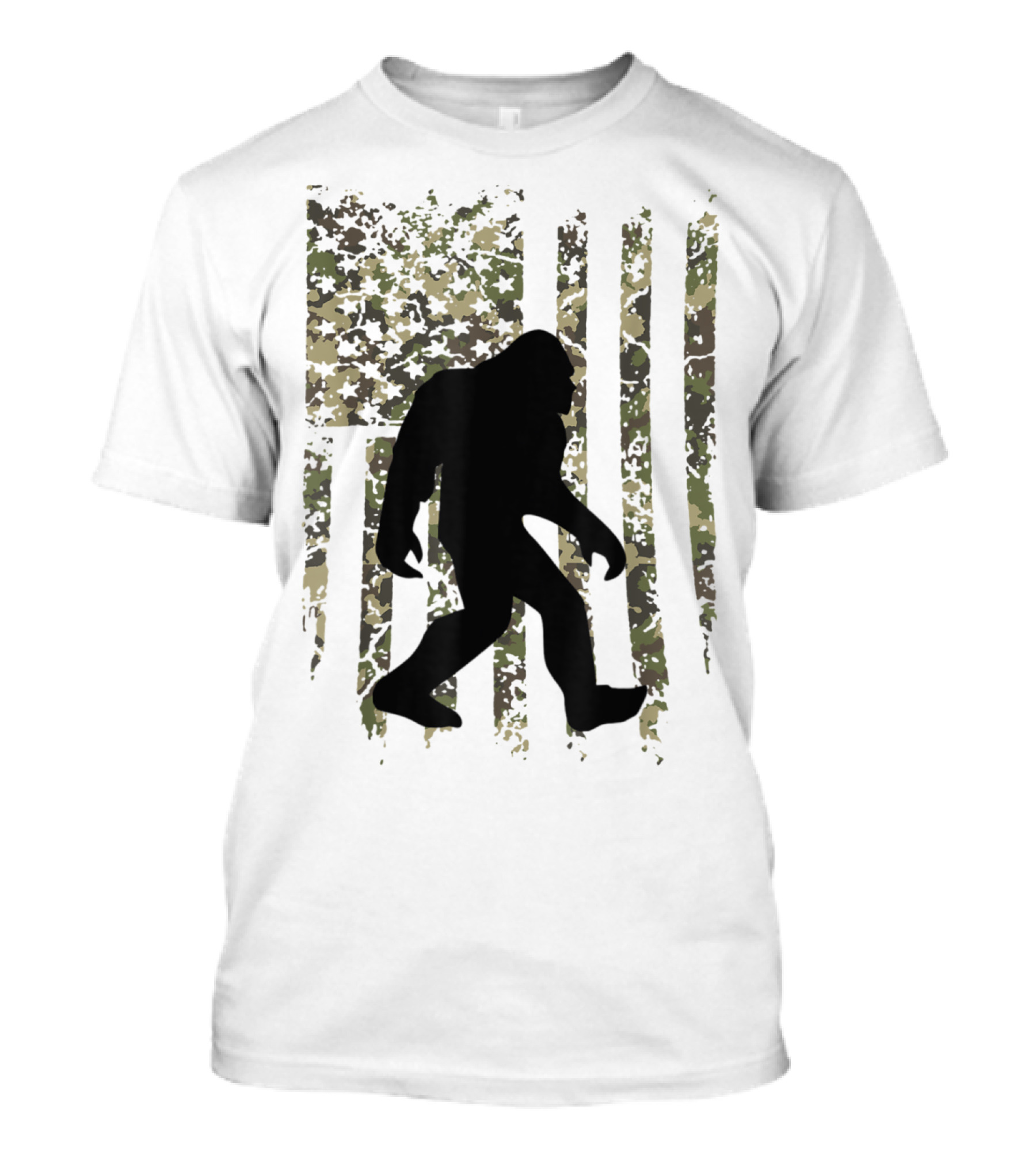 I Believe Bigfoot Sasquatch Camo Flag Patriotic Forest Walk T-Shirt