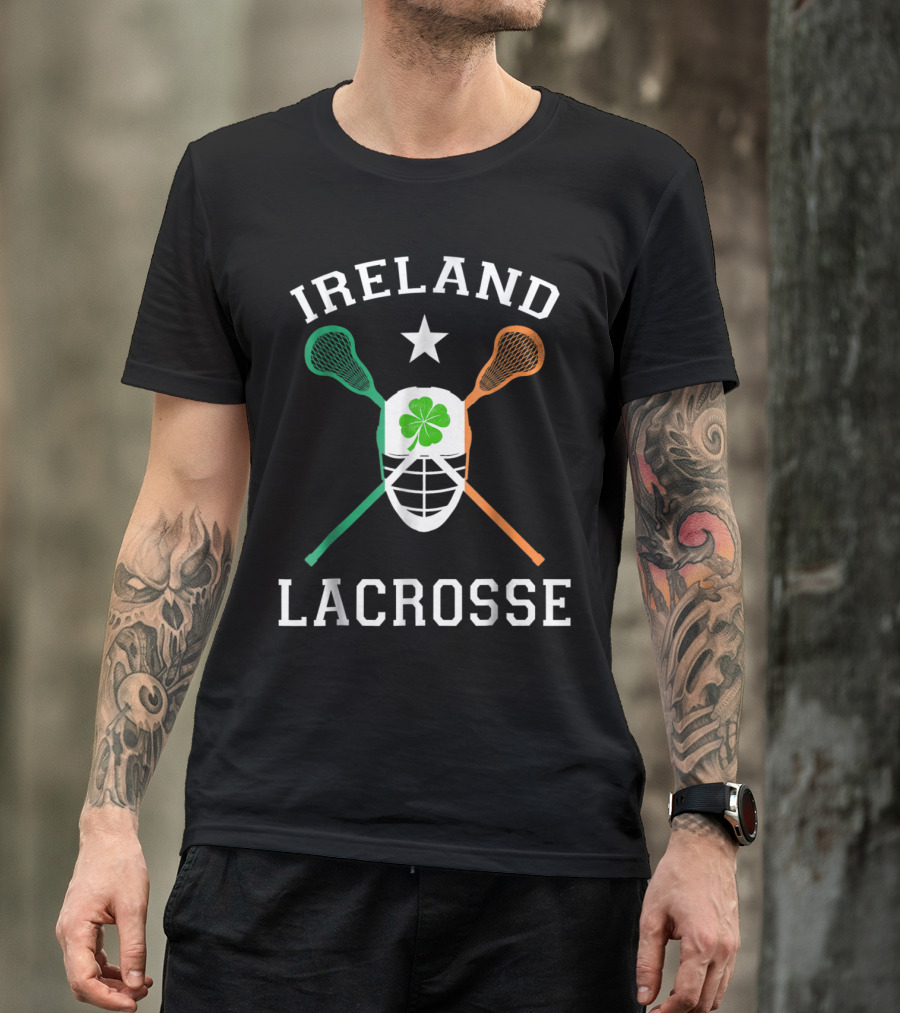 Ireland Lacrosse Shamrock Mask With Irish Flag Lacrosse Sticks T-Shirt