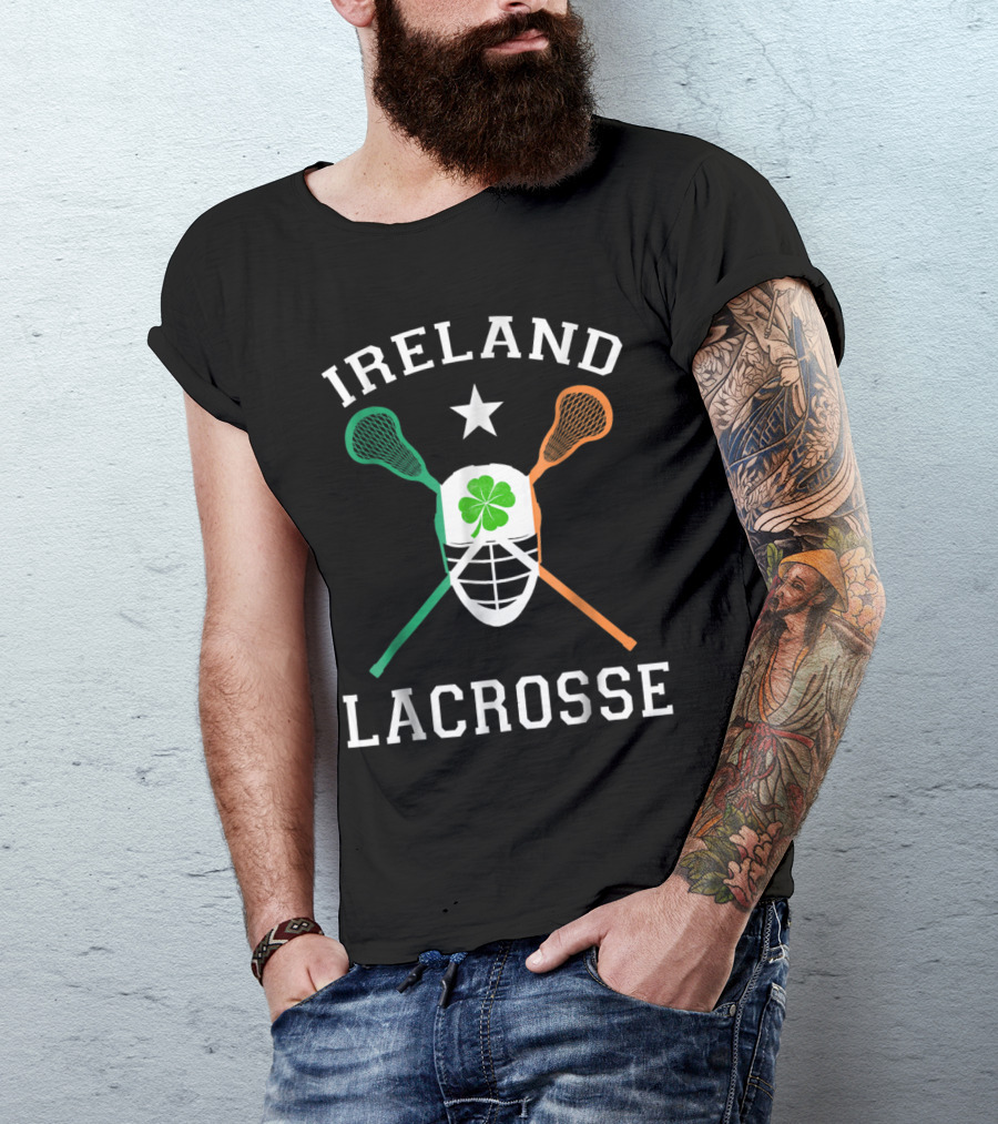 Ireland Lacrosse Shamrock Mask With Irish Flag Lacrosse Sticks T-Shirt