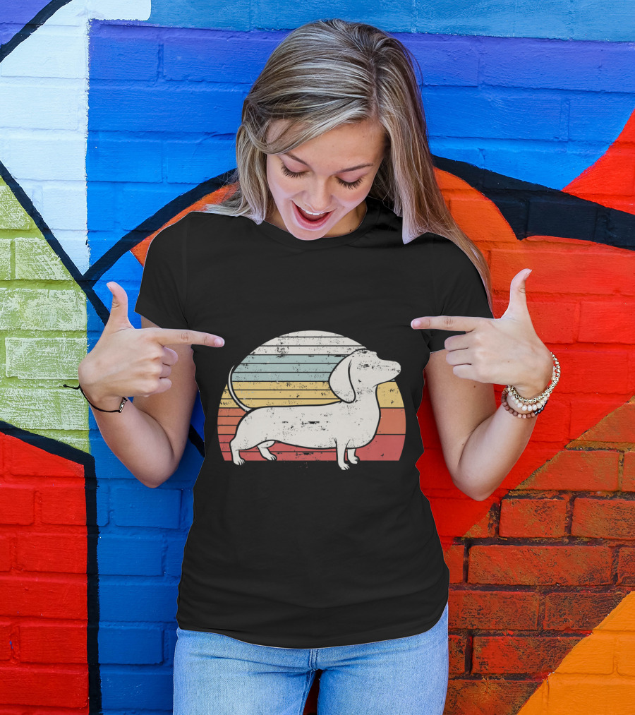 Retro Striped Sunset Dachshund Silhouette Cool Dog T-Shirt