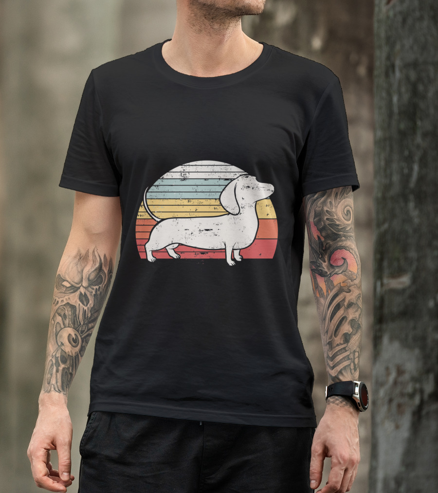 Retro Striped Sunset Dachshund Silhouette Cool Dog T-Shirt