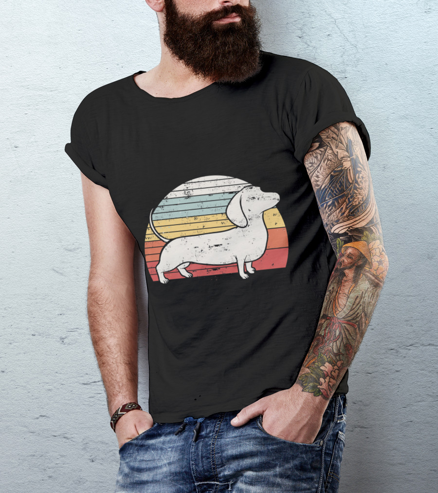 Retro Striped Sunset Dachshund Silhouette Cool Dog T-Shirt