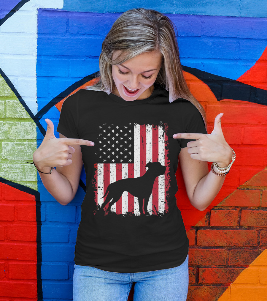 American Bulldog Silhouette Over Distressed USA Flag Fourth Of July T-Shirt