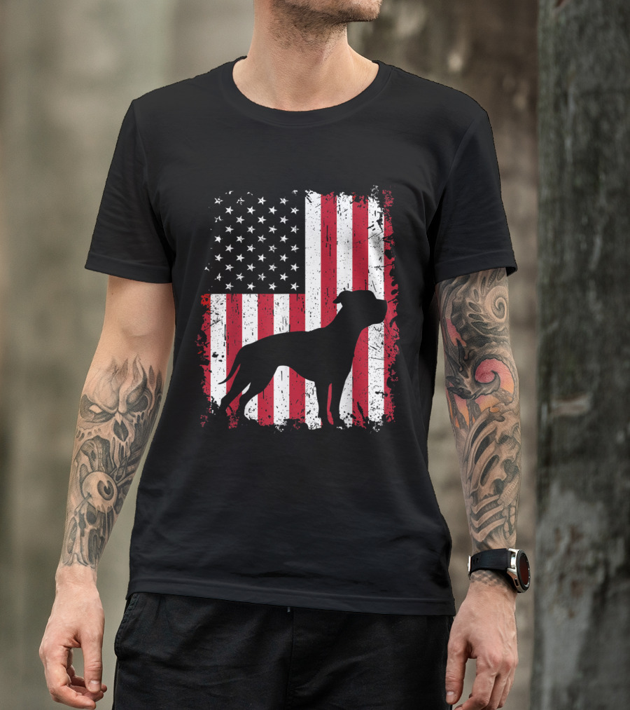 American Bulldog Silhouette Over Distressed USA Flag Fourth Of July T-Shirt