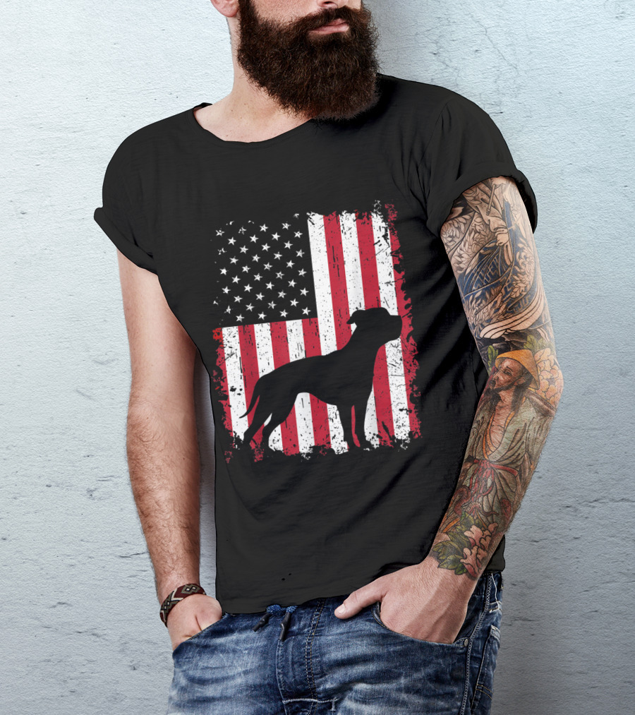 American Bulldog Silhouette Over Distressed USA Flag Fourth Of July T-Shirt
