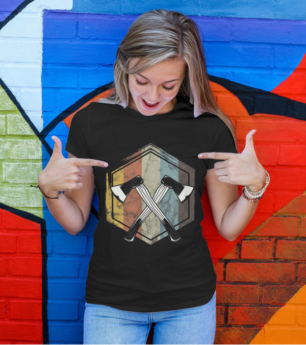 Retro Vintage Crossed Axes Lumberjack Woodworker Emblem T-Shirt