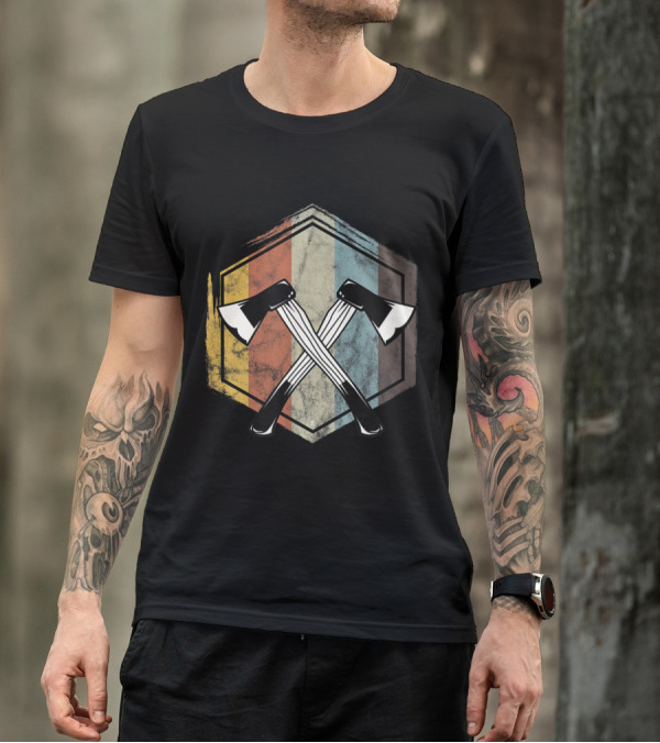 Retro Vintage Crossed Axes Lumberjack Woodworker Emblem T-Shirt