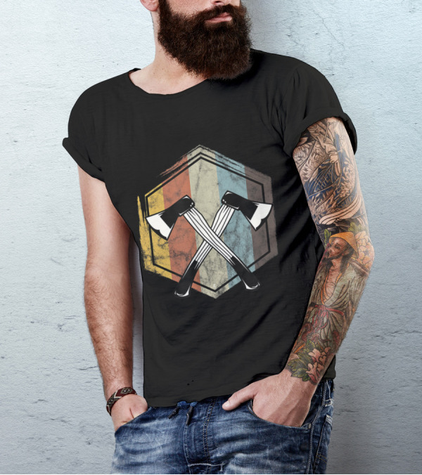 Retro Vintage Crossed Axes Lumberjack Woodworker Emblem T-Shirt