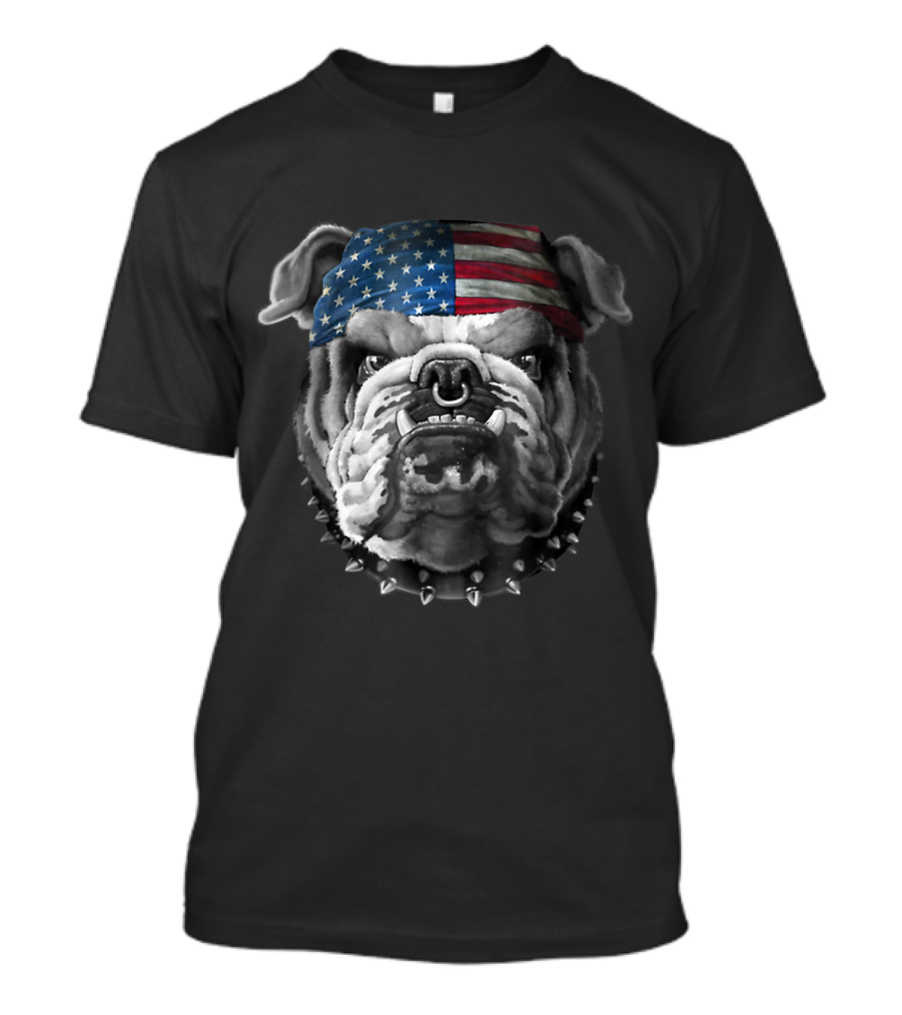 American Bulldog Wearing American Flag Bandana With Spiked Collar T-Shirt