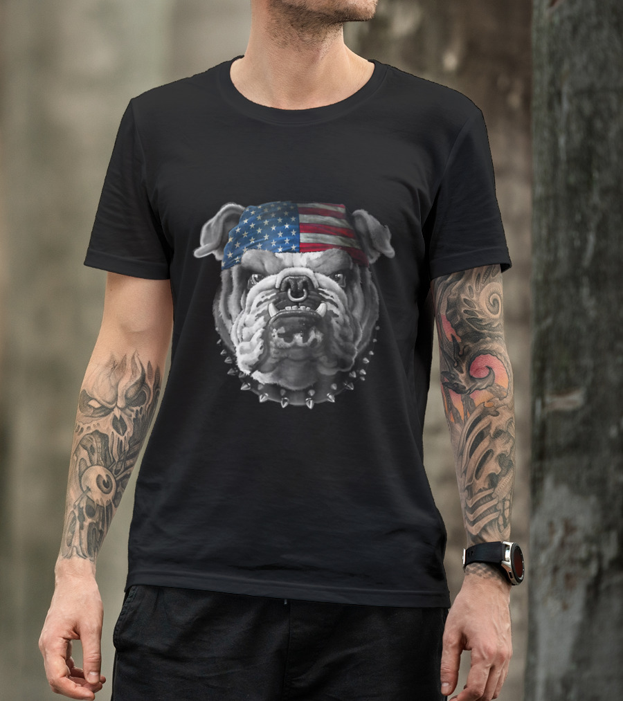 American Bulldog Wearing American Flag Bandana With Spiked Collar T-Shirt