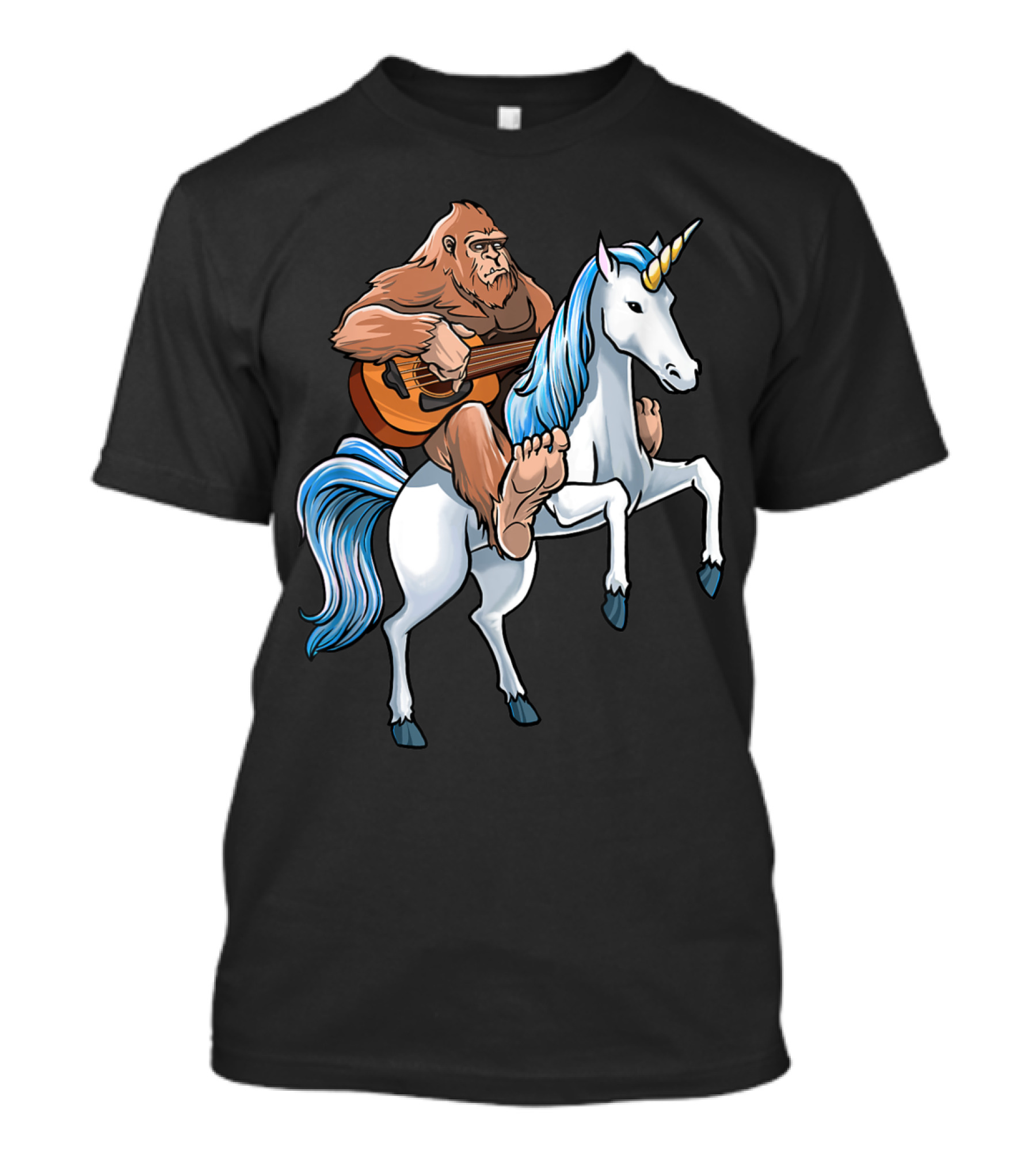 Bigfoot Playing Guitar Riding A Unicorn T-Shirt