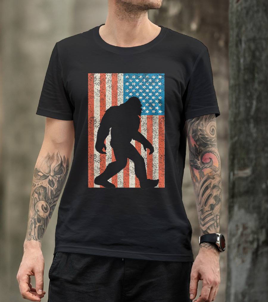 Bigfoot Sasquatch Silhouette With American Flag Background I Believe USA T-Shirt