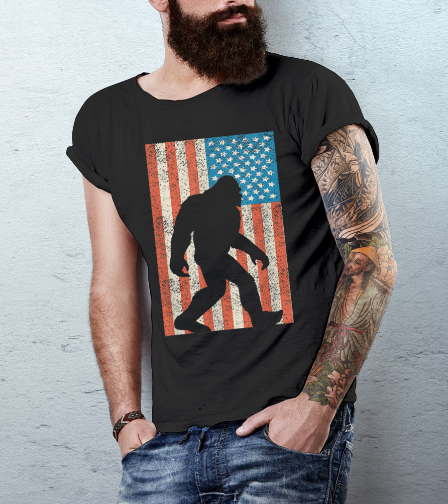 Bigfoot Sasquatch Silhouette With American Flag Background I Believe USA T-Shirt