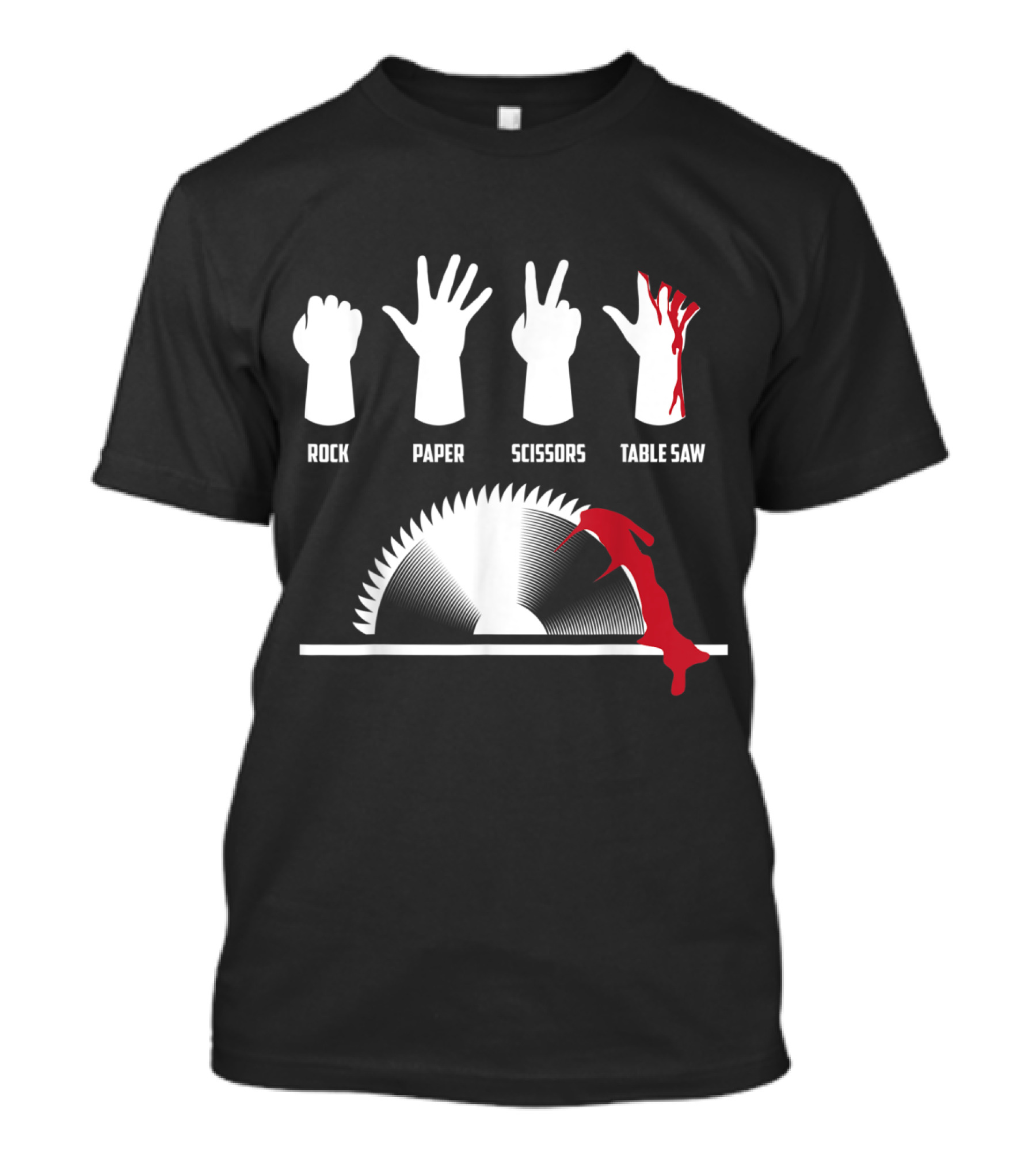 Rock Paper Scissors Table Saw Hand Gesture Parody With Graphic Saw Blade And Red Accent T-Shirt