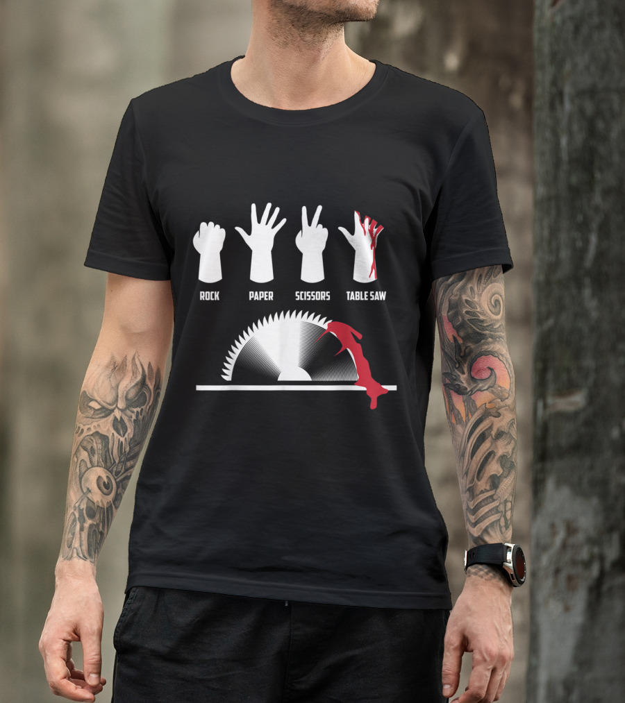Rock Paper Scissors Table Saw Hand Gesture Parody With Graphic Saw Blade And Red Accent T-Shirt