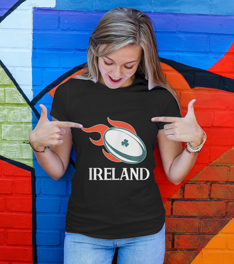 Ireland Rugby Flaming Rugby Ball With Shamrock T-Shirt