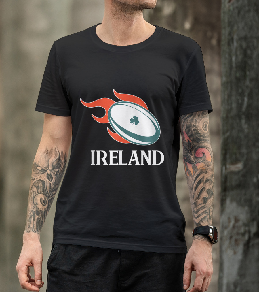 Ireland Rugby Flaming Rugby Ball With Shamrock T-Shirt