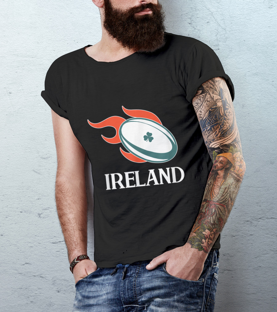 Ireland Rugby Flaming Rugby Ball With Shamrock T-Shirt