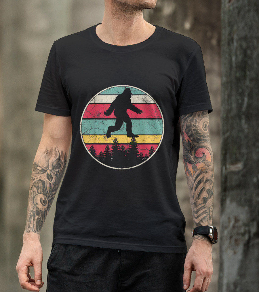 Bigfoot Sasquatch Vintage Retro Forest Silhouette Stripes T-Shirt