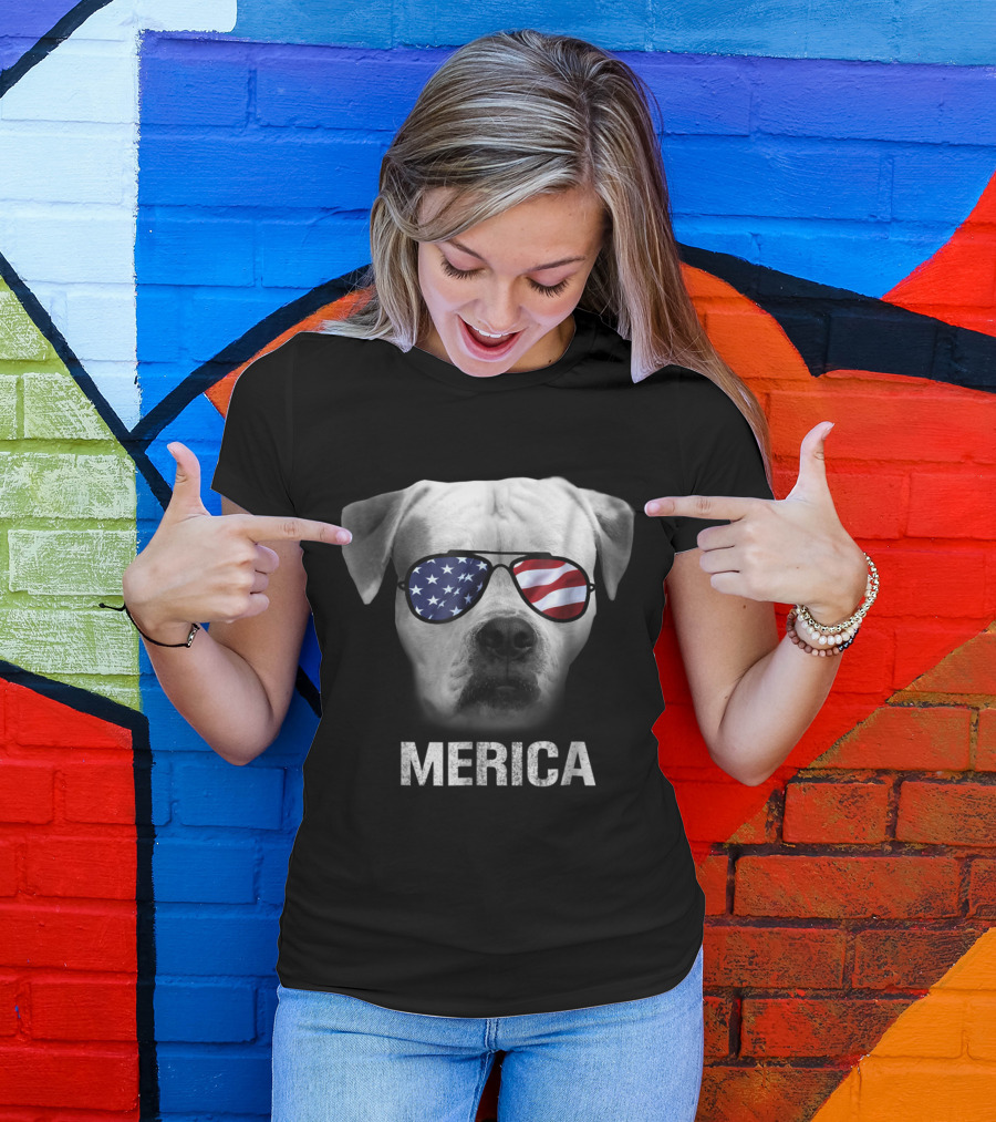 American Bulldog Wearing USA Flag Sunglasses Merica T-Shirt