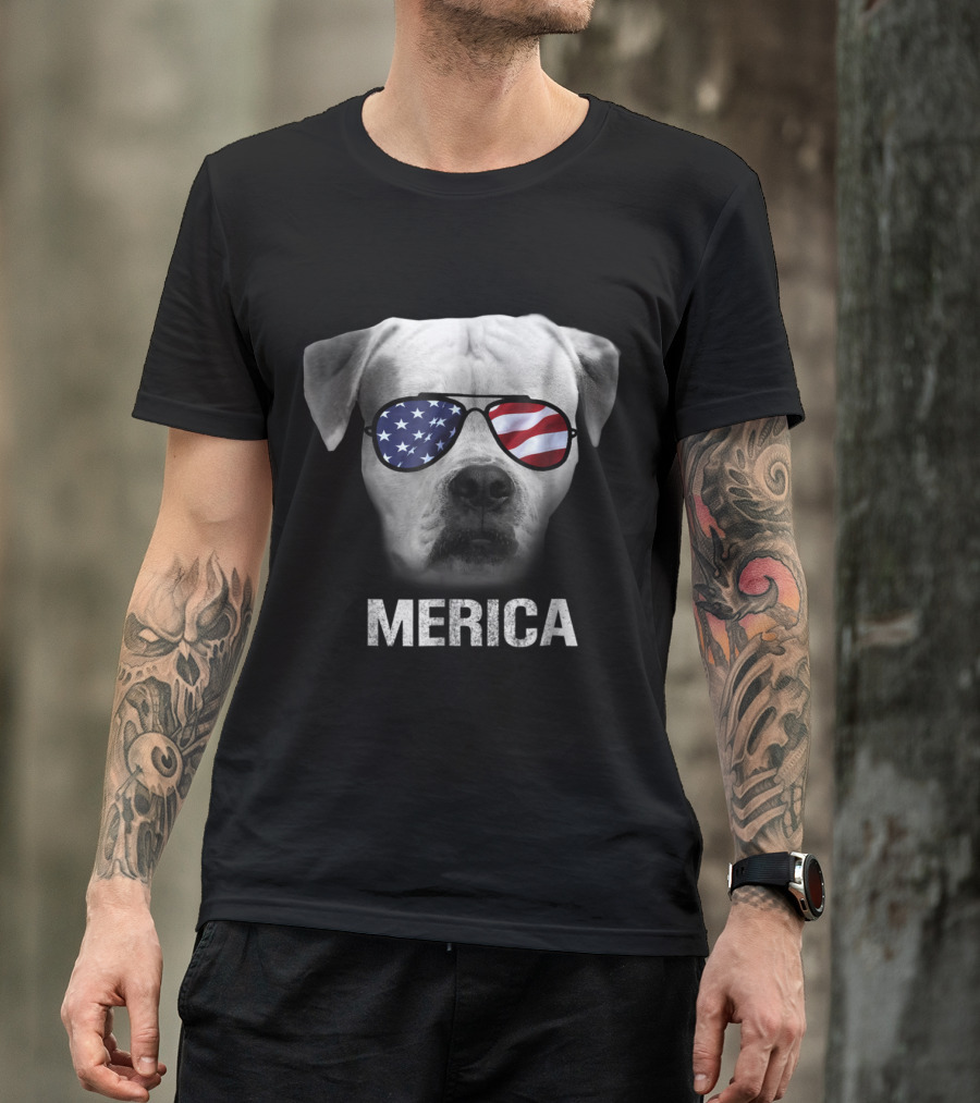 American Bulldog Wearing USA Flag Sunglasses Merica T-Shirt