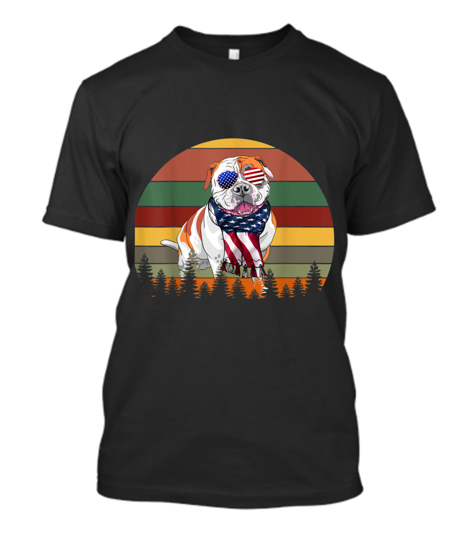 American Bulldog Wearing USA Flag Glasses And Scarf With Retro Sunset And Pine Trees 4th Of July T-Shirt