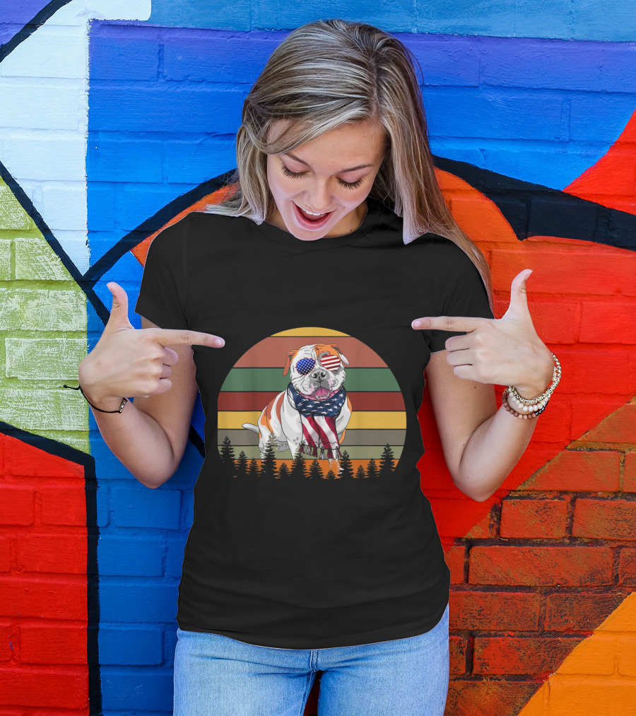 American Bulldog Wearing USA Flag Glasses And Scarf With Retro Sunset And Pine Trees 4th Of July T-Shirt