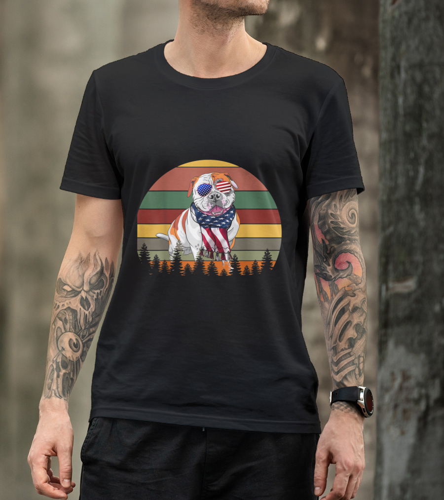 American Bulldog Wearing USA Flag Glasses And Scarf With Retro Sunset And Pine Trees 4th Of July T-Shirt