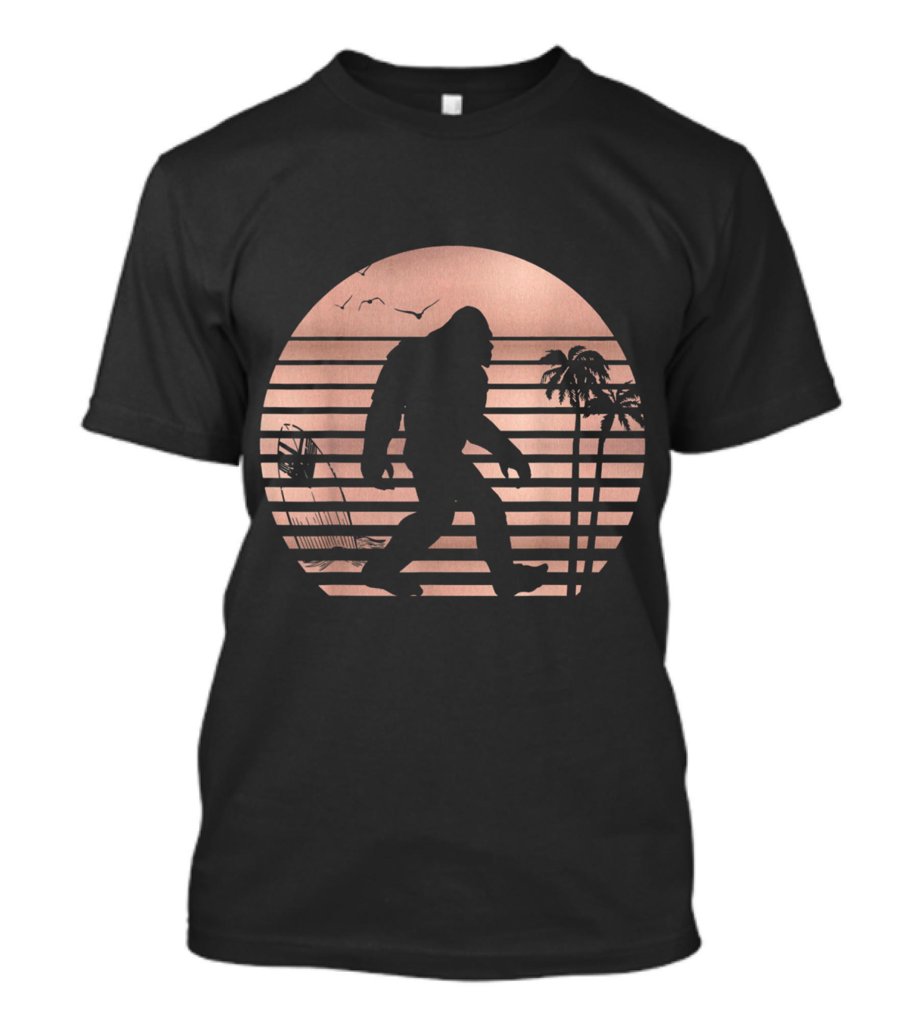 BigFoot Sunset Stripes With Palm Trees And Birds T-Shirt