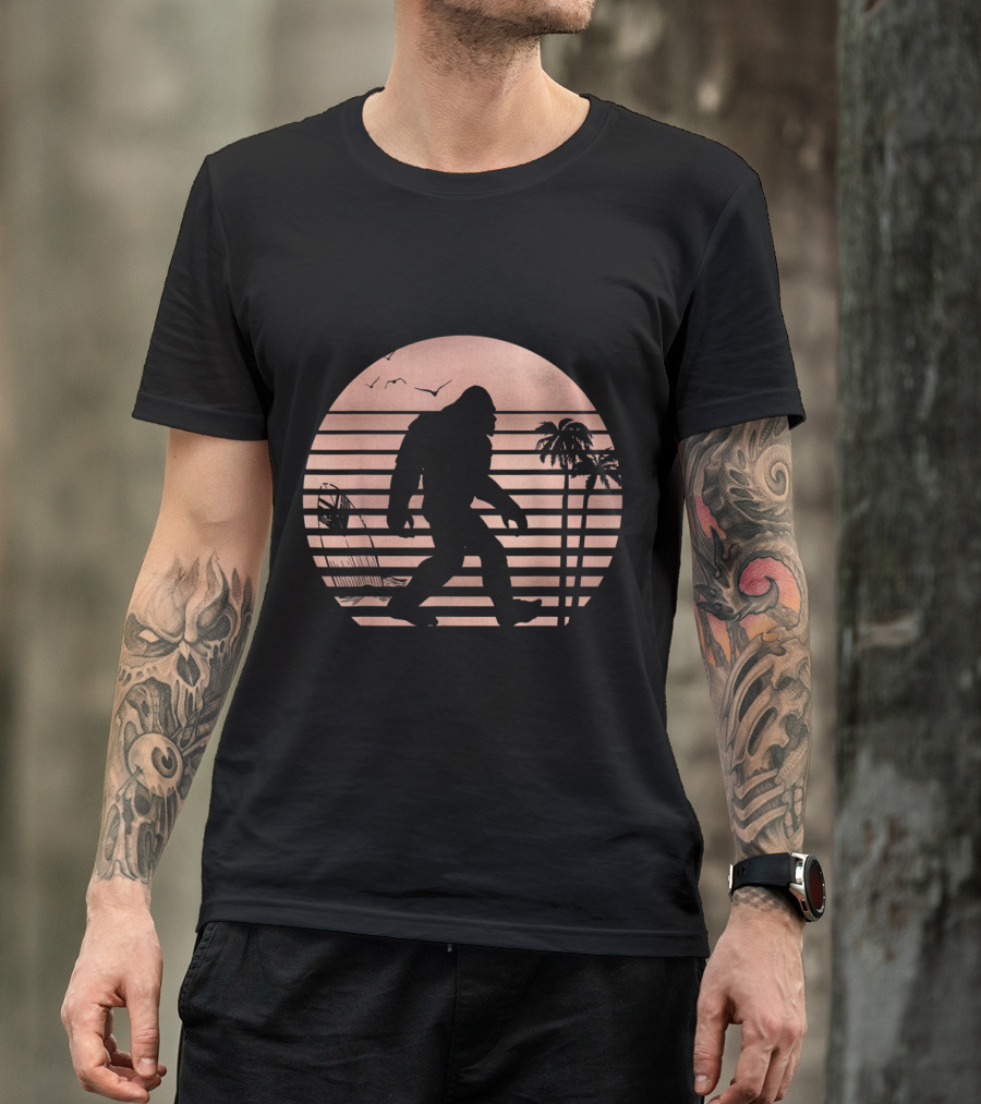 BigFoot Sunset Stripes With Palm Trees And Birds T-Shirt