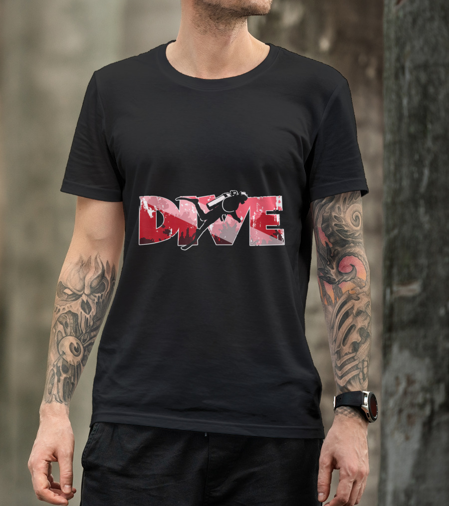 Scuba Diving Diver Silhouette With Bold Red And White DIVE Text T-Shirt