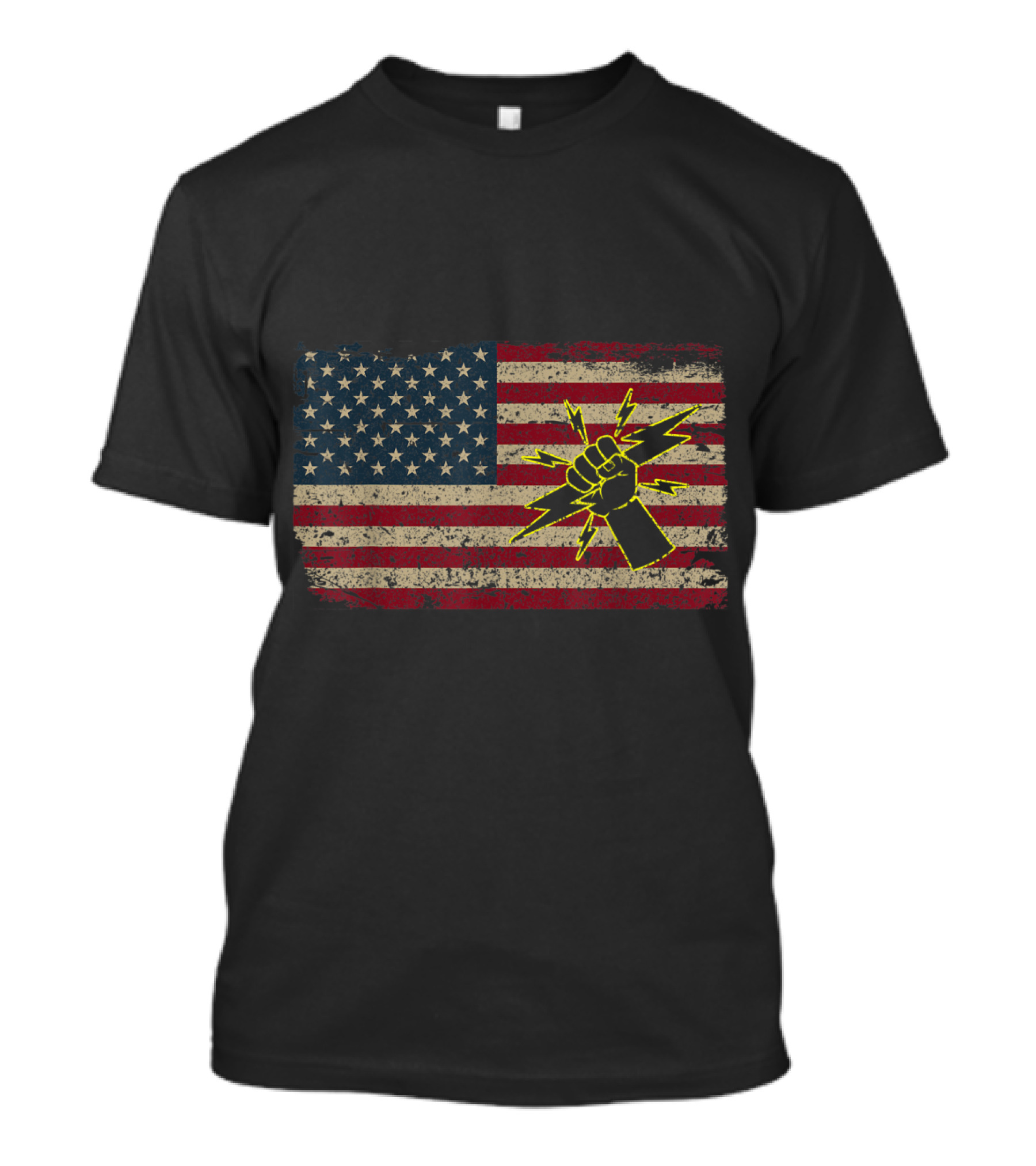 American Flag With Lightning Bolt Fist For Electricians Patriotic T-Shirt