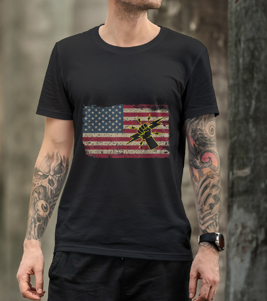 American Flag With Lightning Bolt Fist For Electricians Patriotic T-Shirt