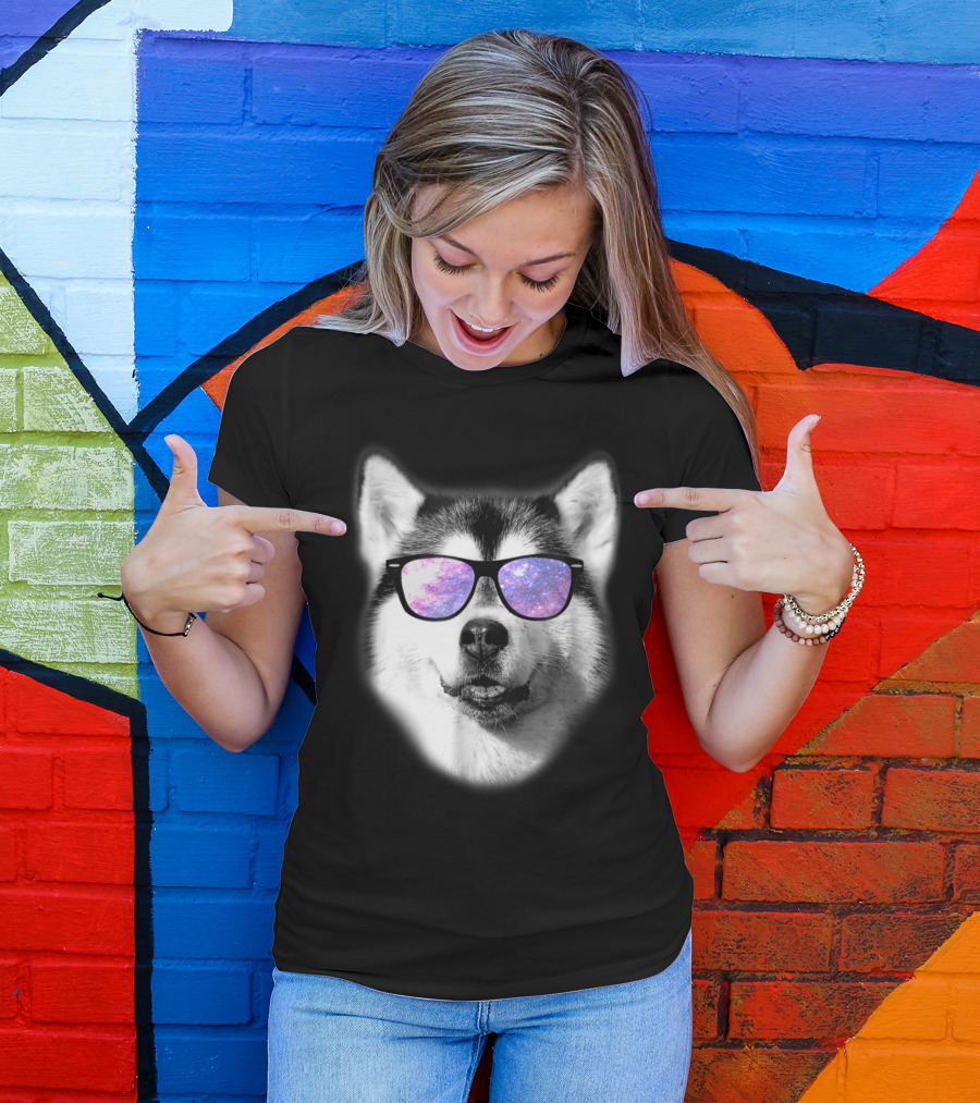 Cosmic Glasses Siberian Husky With Galaxy Reflection T-Shirt