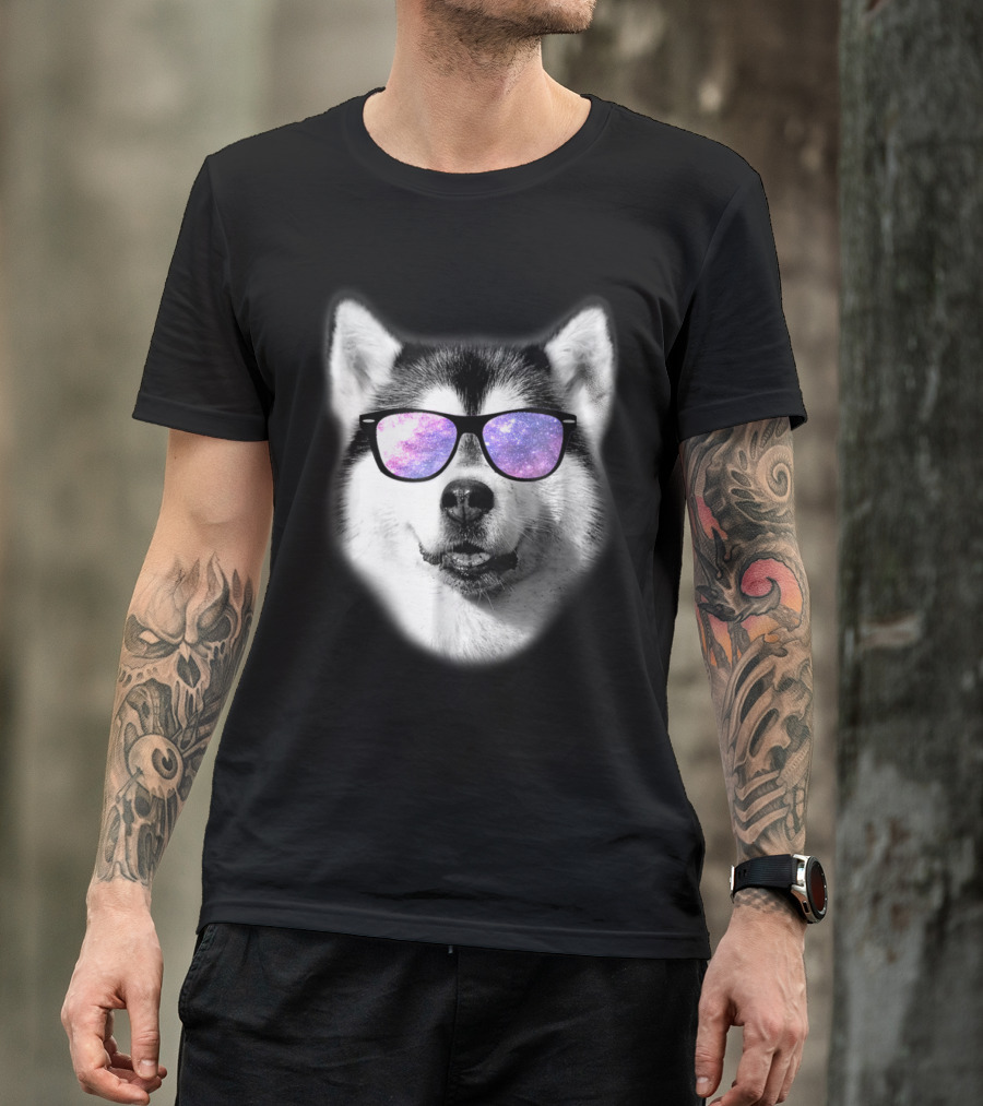 Cosmic Glasses Siberian Husky With Galaxy Reflection T-Shirt