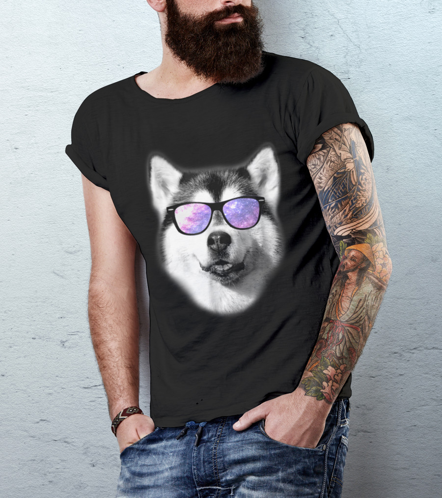 Cosmic Glasses Siberian Husky With Galaxy Reflection T-Shirt