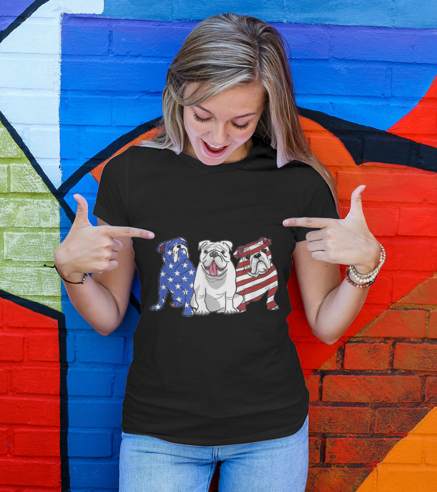 Patriotic American Bulldogs With Stars And Stripes US Flag T-Shirt