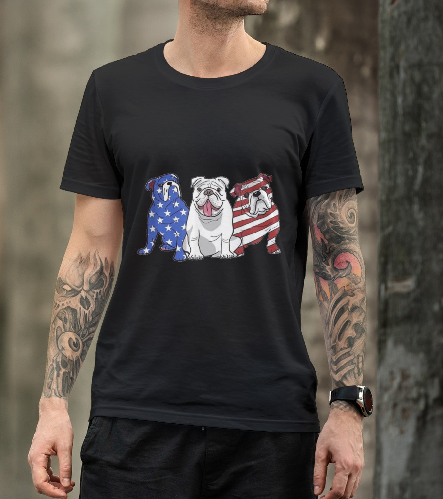 Patriotic American Bulldogs With Stars And Stripes US Flag T-Shirt