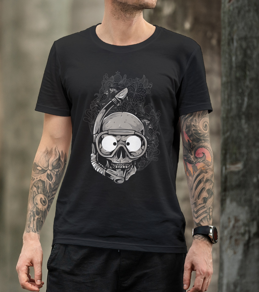Cool Skeleton With Scuba Gear And Floral Background T-Shirt