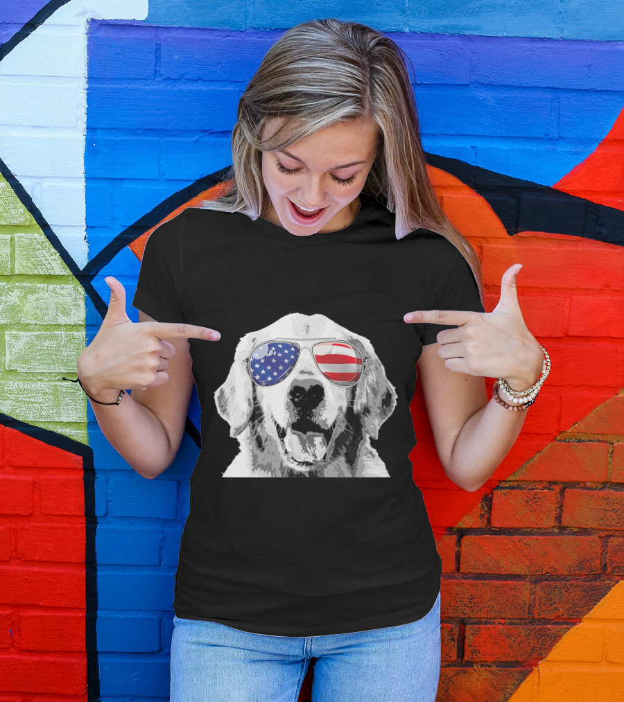Golden Retriever 4th Of July American Flag Sunglasses T-Shirt