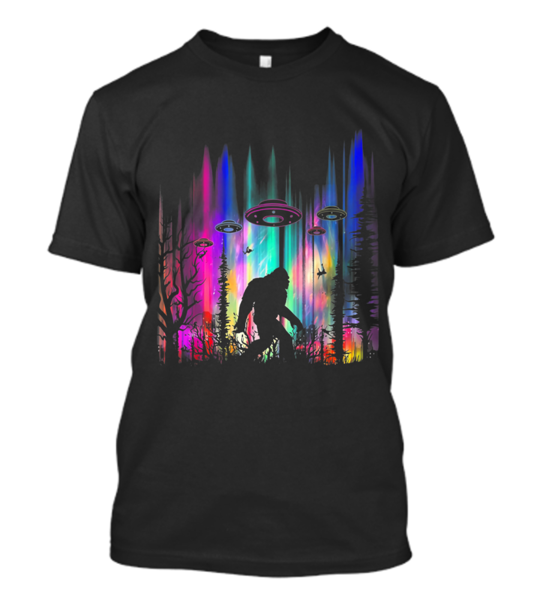Bigfoot Encounter Under UFOs And Aurora Borealis T-Shirt