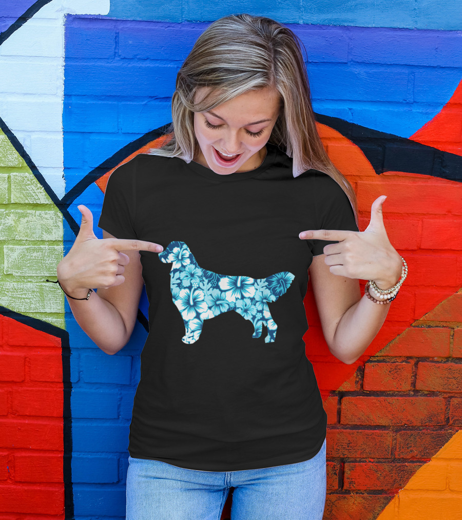 Golden Retriever Aloha Dog Silhouet Floral Hibiscus T-Shirt